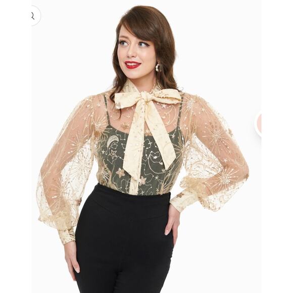 Unique Vintage 1940’s Celestial Neck Tie Gwen Blouse M 6 8 NWOT - Picture 1 of 4